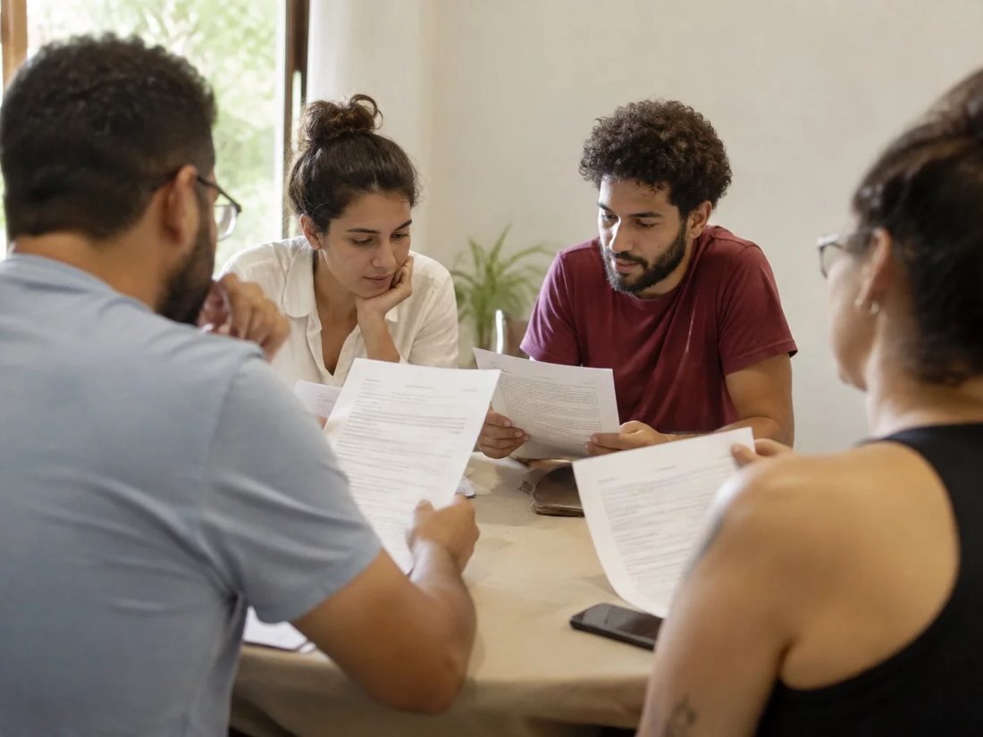 Equipe reunida numa sala clara enquanto uma pessoa explica sua proposta