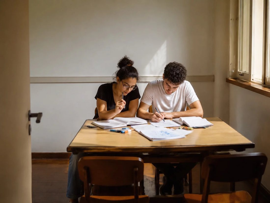 Estudantes de mochila trocando ideias no corredor de uma faculdade
