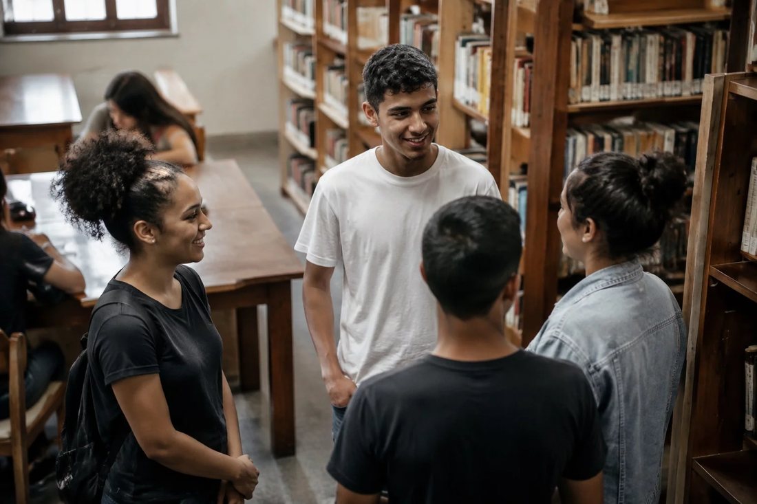 Alunos conversando em pé no corredor entre as prateleiras de uma biblioteca