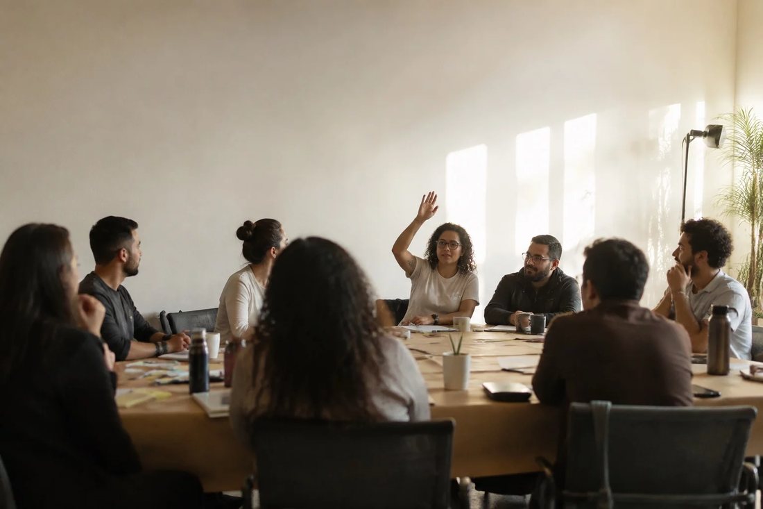 Dupla organizando o roteiro de um debate com cadernos e canetas marca-texto